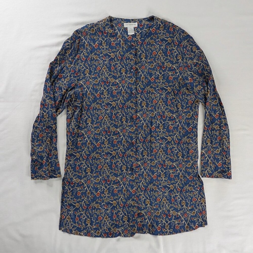 VTG Blue Red Ditsy Floral Long Sleeve Button Up Side Slit Mini Dress Tunic